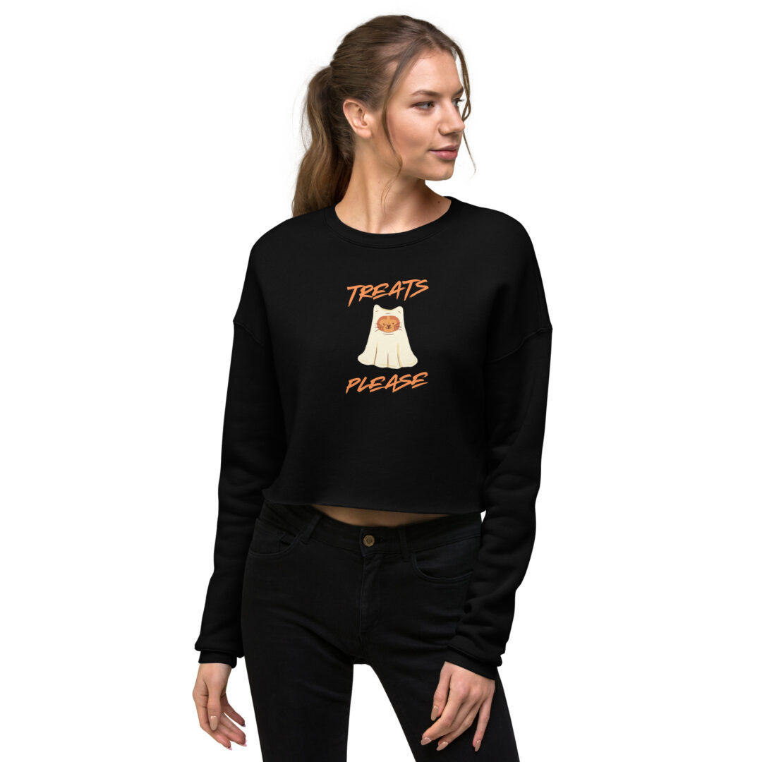 Treats Please Ghost Cat Cute and Spooky Crop Sweatshirt Fall Halloween - Image 2