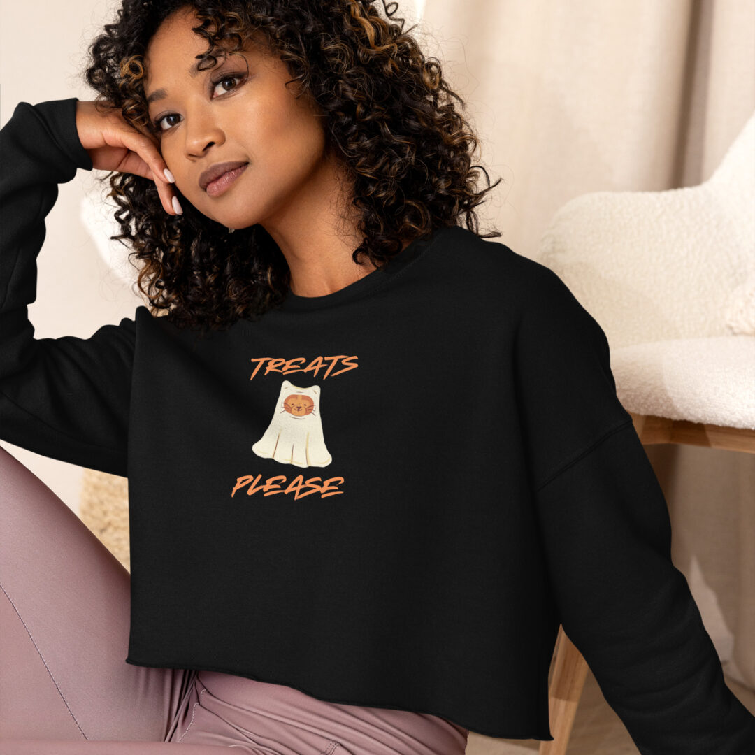 Treats Please Ghost Cat Cute and Spooky Crop Sweatshirt Fall Halloween - Image 4