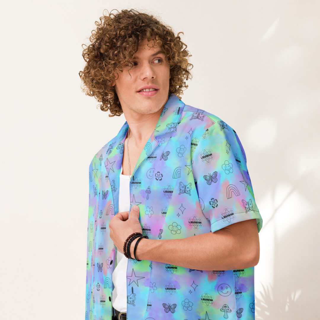 LSDream Rainbow Sky Doodle All-Over Print Unisex Button Up Shirt | Custom Hawaiian Rave Shirt EDM DJ - Image 2