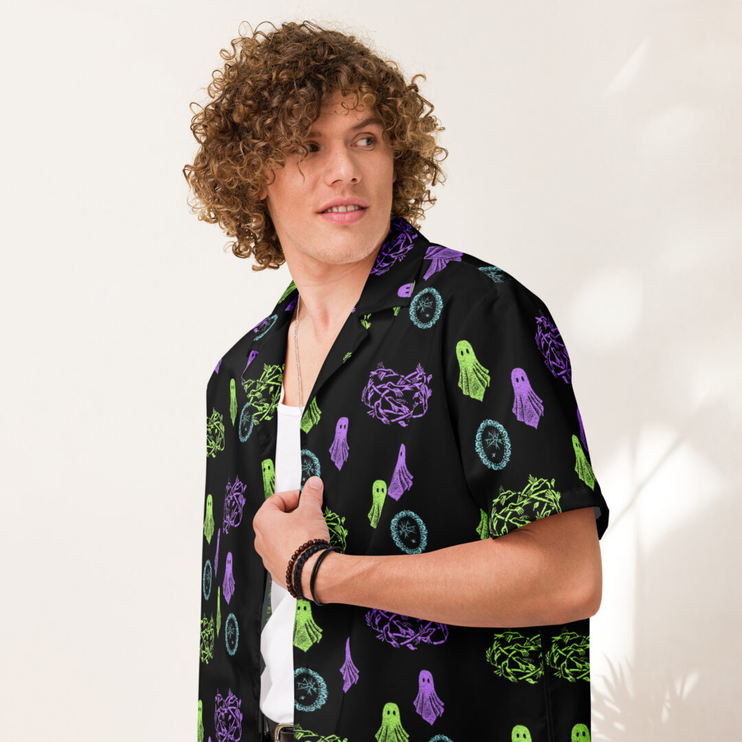 Haunted House Ghost All Over Print Custom Hawaiian | Premium Quality Button Up Shirt - Image 2