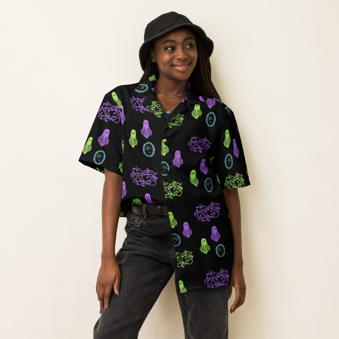 Haunted House Ghost All Over Print Custom Hawaiian | Premium Quality Button Up Shirt - Image 3