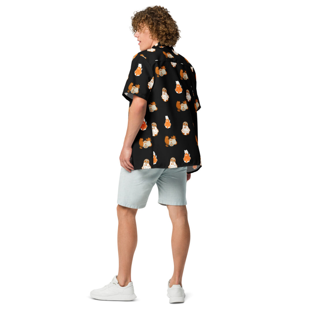 Shadowed Spirits Spooky Ghosts and Black Cats Hawaiian Shirt | Trendy Graphic Premium Quality Button Up - Image 9