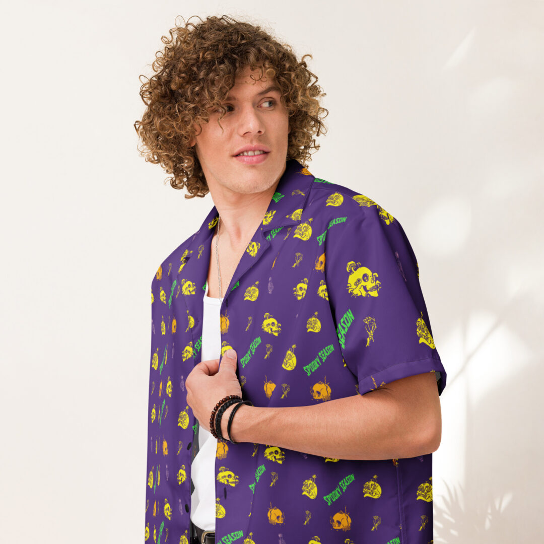 Unisex Spooky Season Button Up Shirt | Mardi Gras Theme Skulls and Bones Halloween Hawaiian Top - Image 3