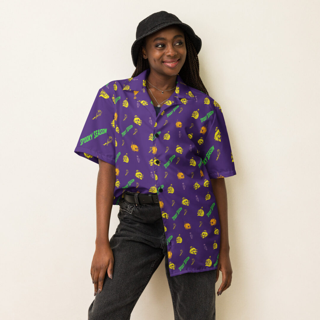 Unisex Spooky Season Button Up Shirt | Mardi Gras Theme Skulls and Bones Halloween Hawaiian Top - Image 4