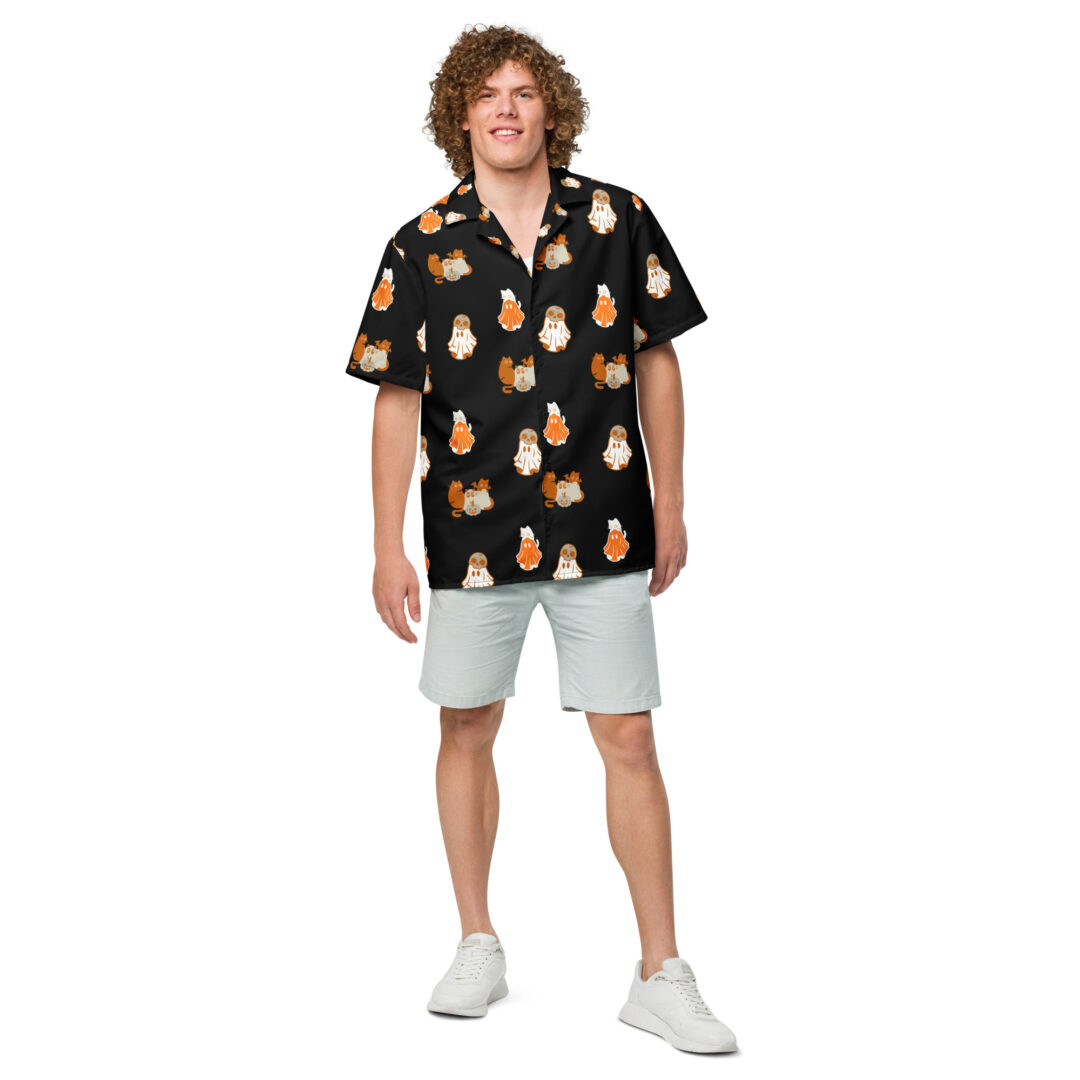 Shadowed Spirits Spooky Ghosts and Black Cats Hawaiian Shirt | Trendy Graphic Premium Quality Button Up - Image 4