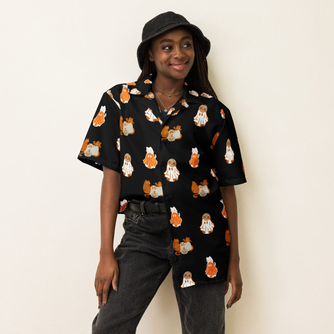 Shadowed Spirits Spooky Ghosts and Black Cats Hawaiian Shirt | Trendy Graphic Premium Quality Button Up - Image 7