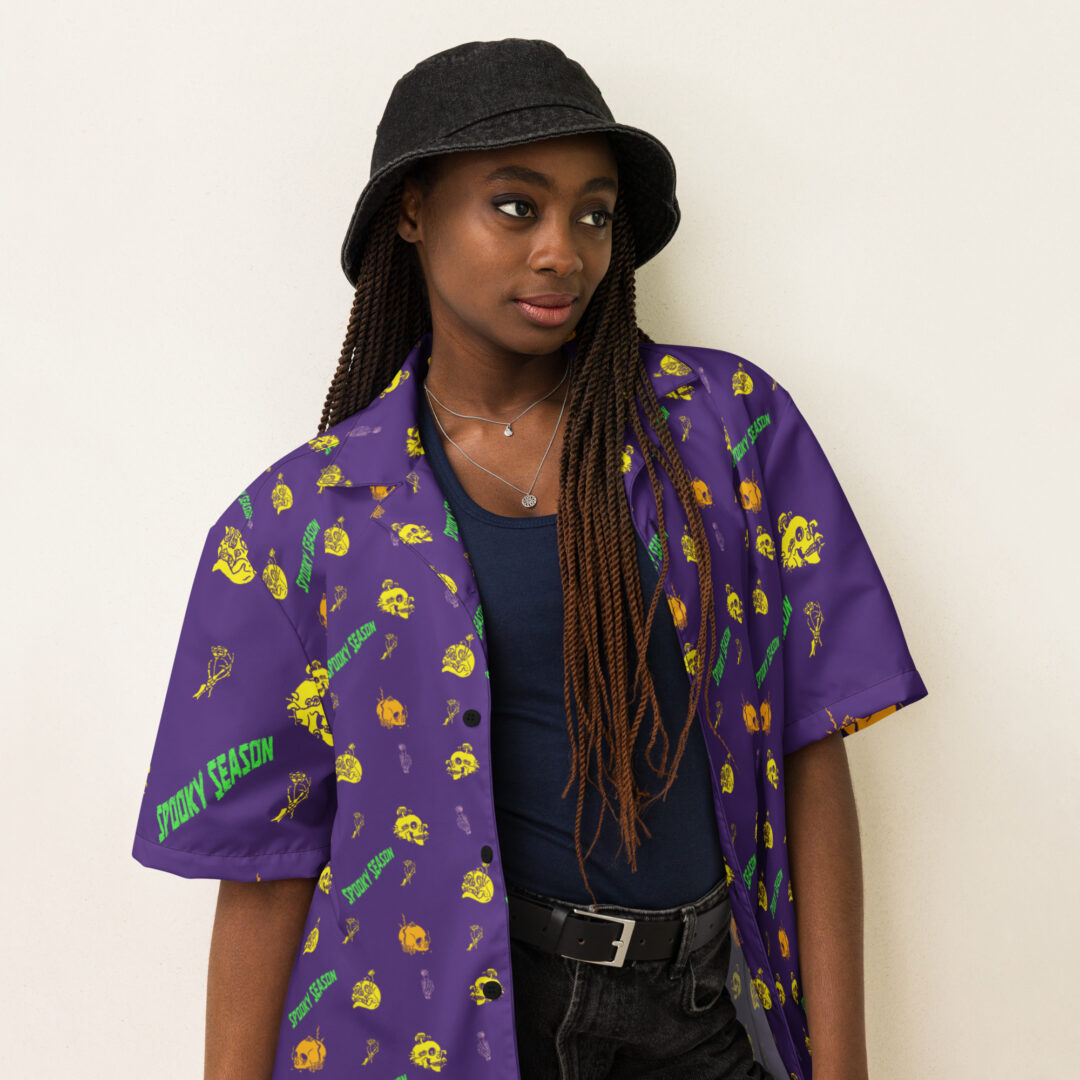 Unisex Spooky Season Button Up Shirt | Mardi Gras Theme Skulls and Bones Halloween Hawaiian Top - Image 6