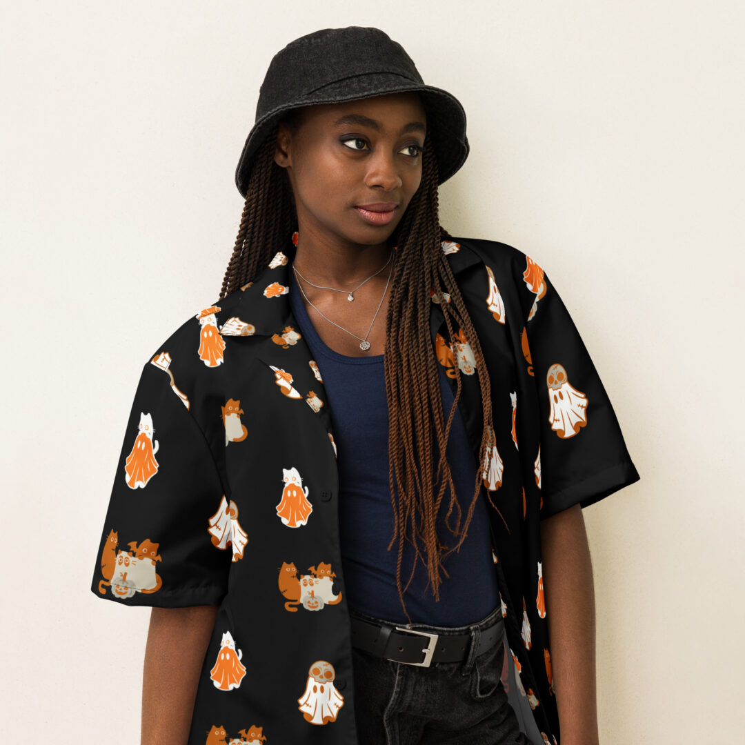 Shadowed Spirits Spooky Ghosts and Black Cats Hawaiian Shirt | Trendy Graphic Premium Quality Button Up - Image 12