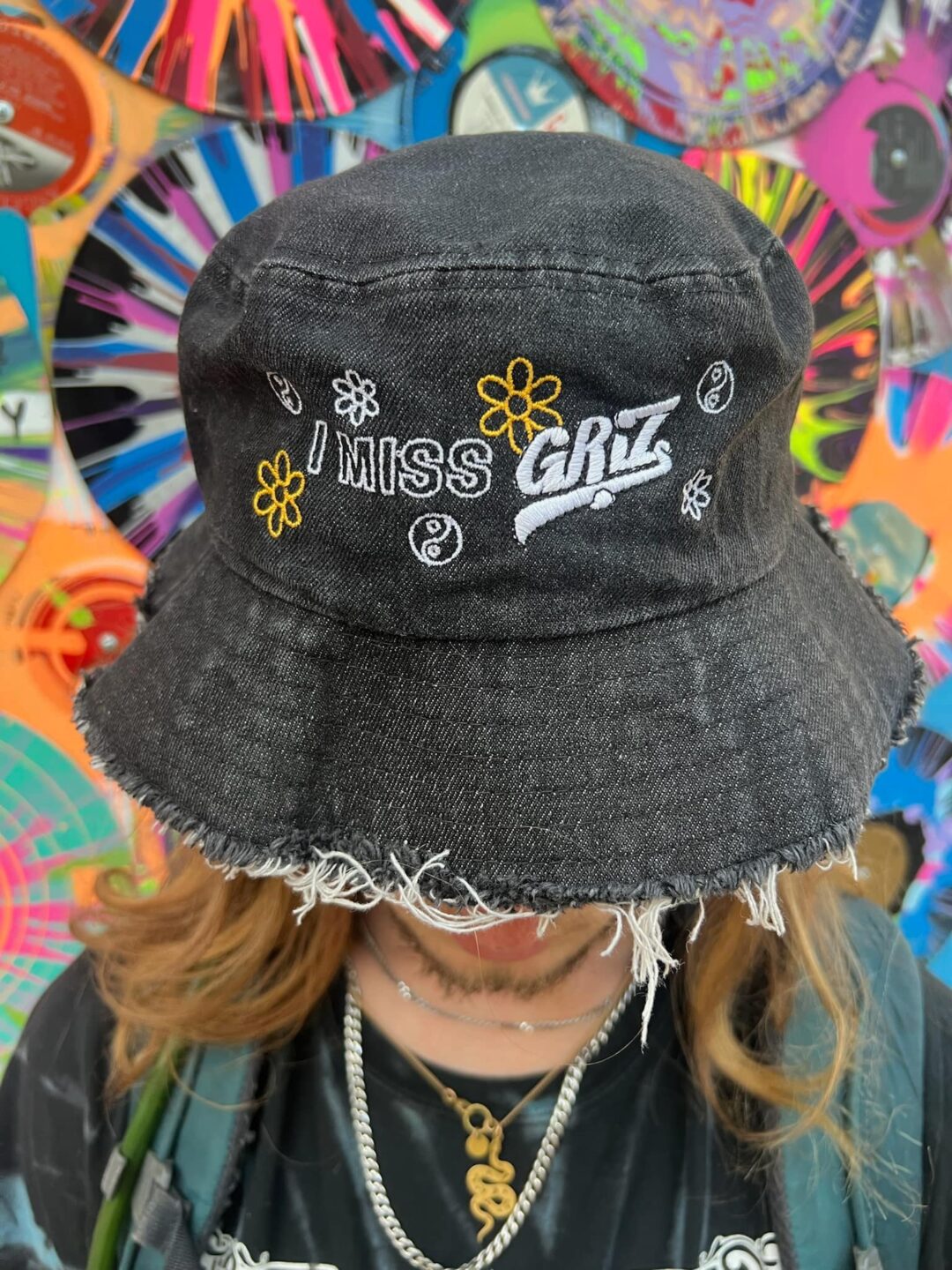 I Miss Griz custom embroidery distressed denim bucket hat