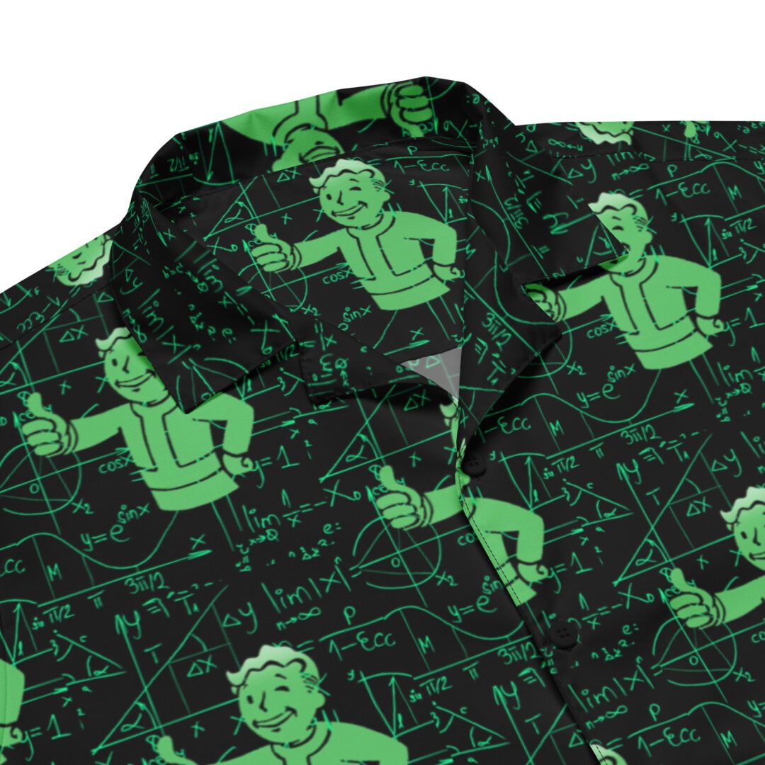 Fallout Green Valut Pip Boy Comic Book Turret Large Graphic Unisex Button Up Shirt - Image 5