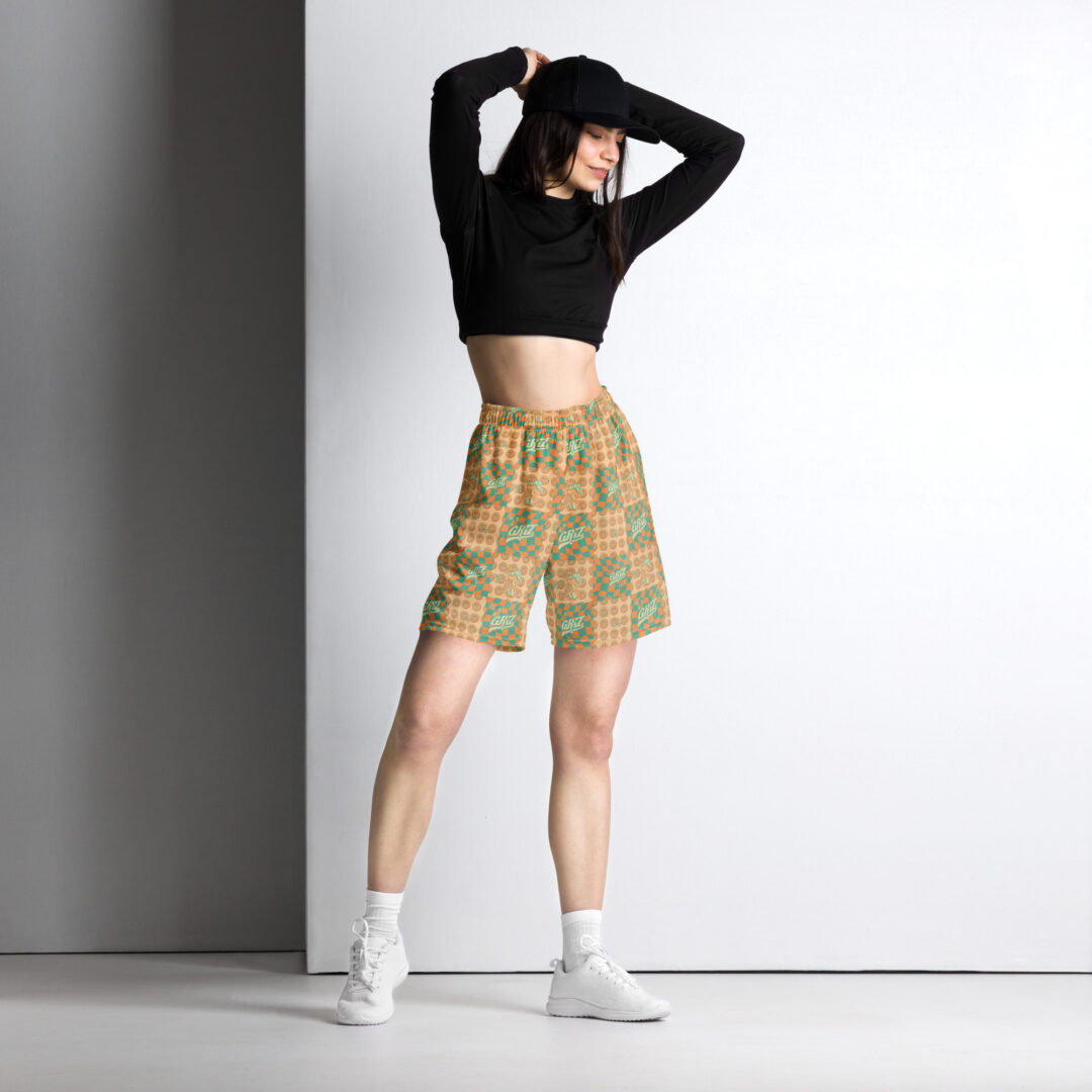 Griz Orange and Green checkered Unisex mesh shorts perfect for EDM festival with pocket - Image 12