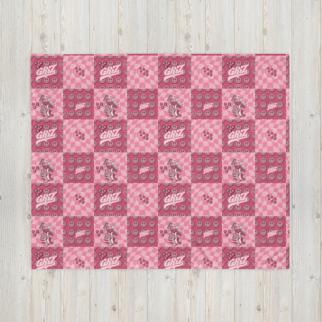 Griz Checkered Pink Mushrooms and Butterflies Throw Blanket - Image 2