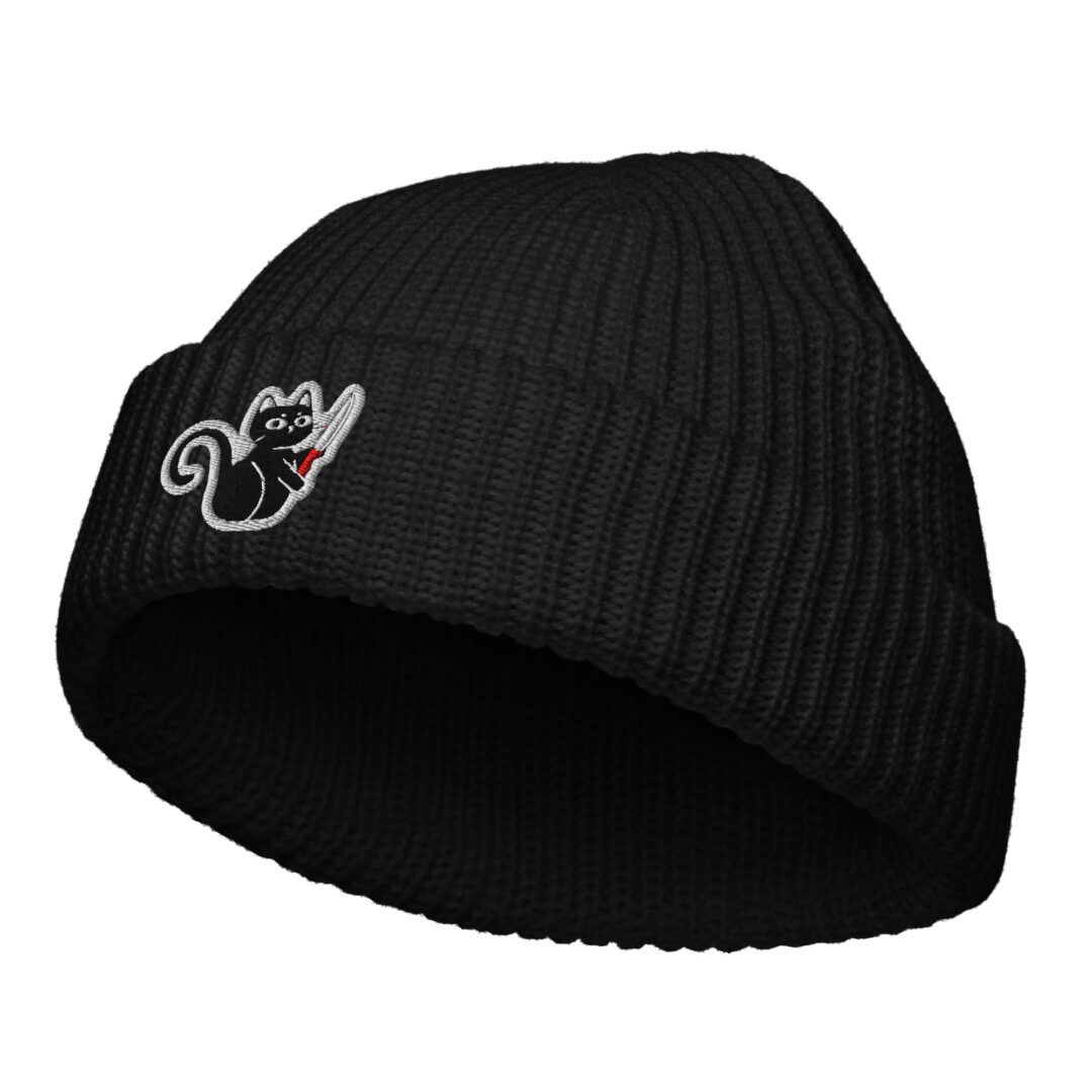 Trendy Graphic Embroidery Beanie | Black Cat with Knife Patch Hat - Image 7