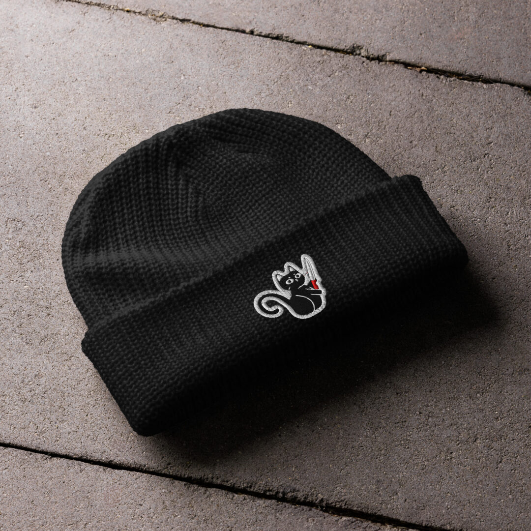 Trendy Graphic Embroidery Beanie | Black Cat with Knife Patch Hat - Image 8